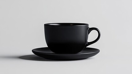 Stylish black coffee cup paired with a matching saucer, displayed on a minimalist white backdrop