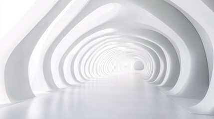 Obraz premium 25. A futuristic 3D rendered white tunnel corridor, with an abstract interior of curved geometric frames, designed for trade show display backgrounds