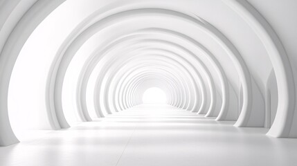 Obraz premium 24. An empty white tunnel corridor in 3D, showcasing a curved frame geometric design, suitable as a background for trade show displays