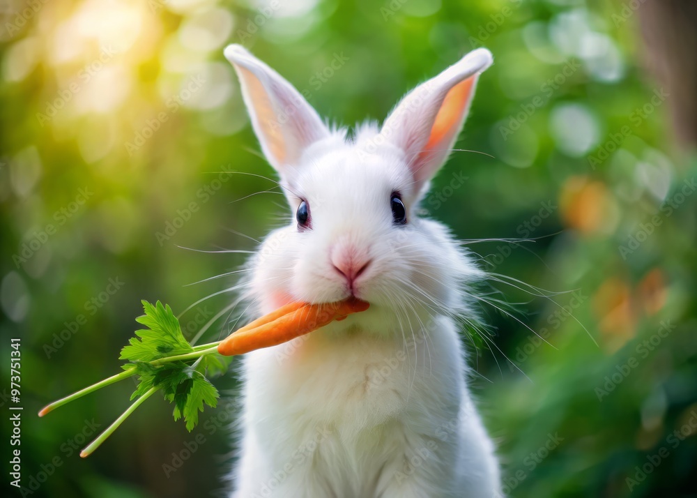 Wall mural adorable, fluffy white rabbit with bright curious eyes and twitching whiskers holds a fresh green ca