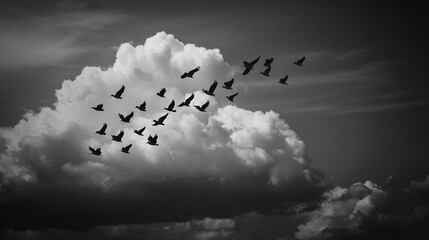 34. The elegant flight of birds in a V formation heading towards a cloud, their synchronized motion creating a captivating scene in the sky