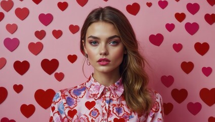 A woman is standing in front of a wall of heart-shaped cutouts