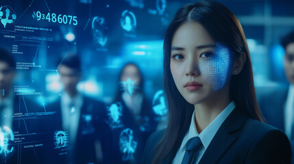 Advanced Face Recognition Technology in a Business Environment - AI-Powered Biometric Identification System with Digital Interface and Facial Mapping at Work