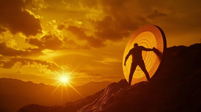 46. The silhouette of a determined businessman pushing a target board uphill, set against the backdrop of a golden sunset, symbolizing the pursuit of goals and success