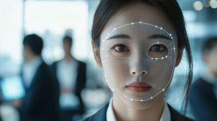 Advanced Face Recognition Technology in a Business Environment - AI-Powered Biometric Identification System with Digital Interface and Facial Mapping at Work