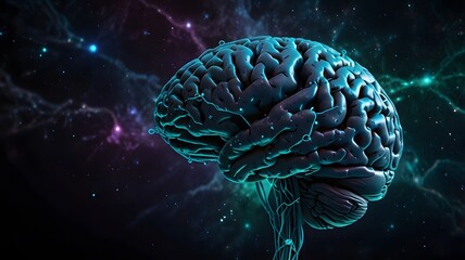 Fototapeta premium A detailed representation of a human brain illuminated against a cosmic background, showcasing neural connections and energy