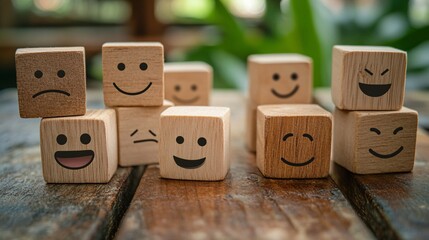 57. A detailed arrangement of wooden cubes with different emotion faces, symbolizing satisfaction surveys, service reviews, and the importance of thinking positive for mental health and wellness