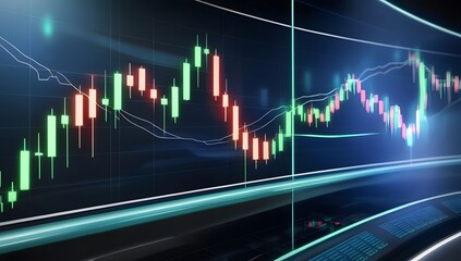 Naklejka premium Analyzing stock market trends on digital screen with candlestick graph in a modern trading environment