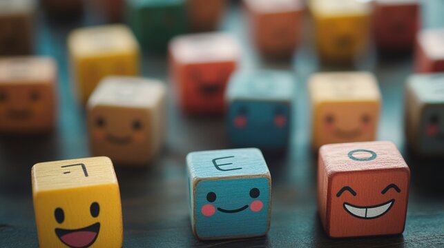 60. Wooden cubes arranged with emotion faces, representing satisfaction surveys, customer feedback, and wellness checks, promoting positive mental health and World Mental Health Day