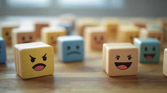 60. Wooden cubes arranged with emotion faces, representing satisfaction surveys, customer feedback, and wellness checks, promoting positive mental health and World Mental Health Day