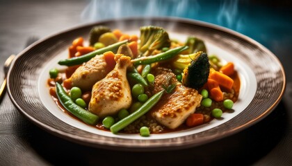 A vibrant dish of tender chicken and fresh vegetables, steaming hot and colorful. Perfectly balanced flavors in a medley that&rsquo;s healthy, hearty, and satisfying&mdash;ideal for any meal.