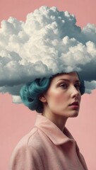 A woman with a blue wig is wearing a pink coat and has a cloud on her head