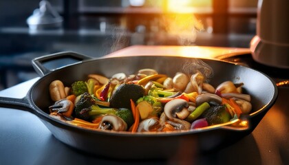 In a modern kitchen, a cast iron skillet sizzles with juicy, colorful grilled vegetables, steaming hot.