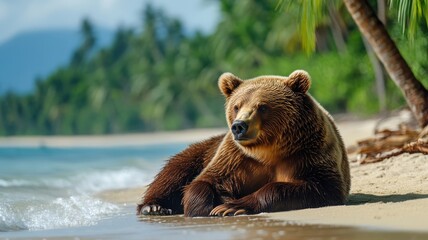 Fototapeta premium Brown bear relaxing on a sandy beach with tropical foliage and ocean waves.