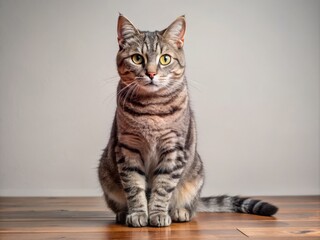 Obraz premium Adorable gray cat with distinctive dark stripes on its back and legs, sitting calmly on a worn wooden
