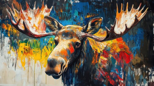 Abstract Expressionism moose, painted with bold, expressive strokes and vivid colors.