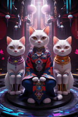 Three elegant cats dressed in traditional attire pose regally in a vibrant, futuristic setting during a fashion event