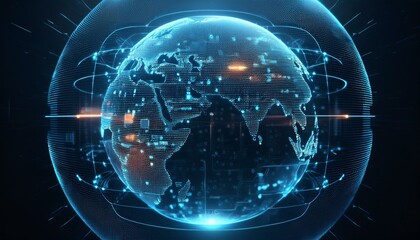 Obraz premium Futuristic holographic data pulses within a global AI network, safeguarding against looming cybersecurity threats as advanced artificial intelligence defends the digital realm.