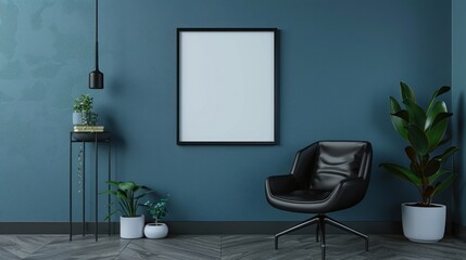 Black leather armchair with empty photo frame and minimal decoration AI generated image