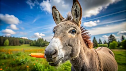 Adorable grey donkey with floppy ears and sweet expression gently takes a big crunchy bite of a fresh