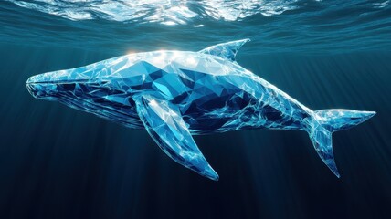 Fototapeta premium Stylized 3D blue whale, with sharp geometric shapes and a polished metallic sheen, floating through a digital sea.
