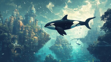 Surreal orca, swimming through a dreamlike landscape, surrounded by floating islands and fantastical sea creatures.