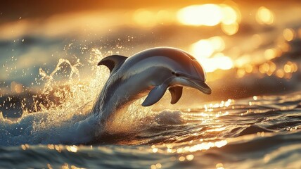 Fototapeta premium Dolphin leaping joyfully by the beach, the sunlight reflecting off the calm waves as it arcs gracefully in the air.