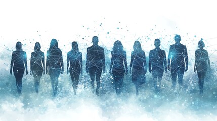 Silhouette of people standing next to each other in white background illustration, digital nodes and data connections are between them, technology and teamwork concept