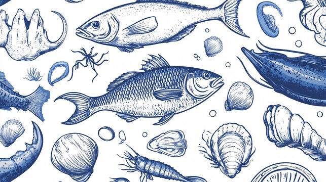 94. Artistic hand drawn seafood elements, from fish to shellfish, forming a cohesive vector background, ideal for culinary or marine-themed designs