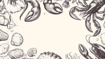 Fototapeta premium 95. An engaging vector background filled with hand drawn seafood items, featuring detailed depictions of various marine creatures and their textures