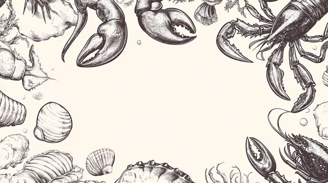 95. An engaging vector background filled with hand drawn seafood items, featuring detailed depictions of various marine creatures and their textures