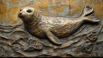 Seal depicted in a textured pattern, with artistic layers and detailed oceanic motifs creating a rich, tactile appearance.