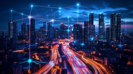 Fototapeta premium Aerial view of a mega city in the evening with tall skyscrapers, whole downtown connected with digital nodes floating on air