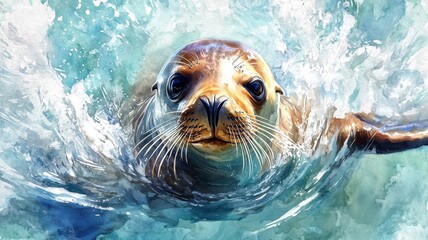 Fototapeta premium Watercolor illustration of a sea lion playfully swimming in crystal-clear waters, with soft, flowing brushstrokes.