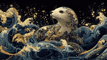 Art Nouveau style sea lion, surrounded by intricate, flowing patterns and ornamental designs inspired by the sea.