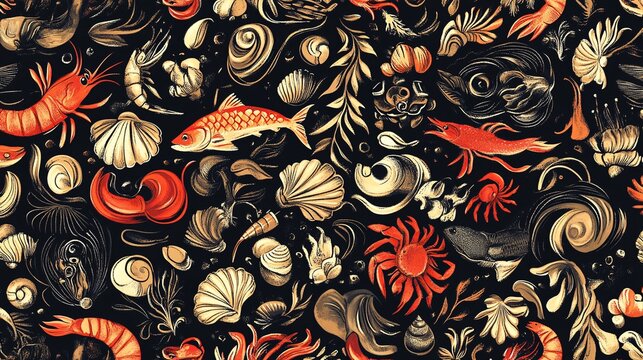 101. A seamless graphic pattern featuring a variety of seafood items such as fish, shrimp, crabs, and shells, intricately designed to create a cohesive and repetitive marine theme