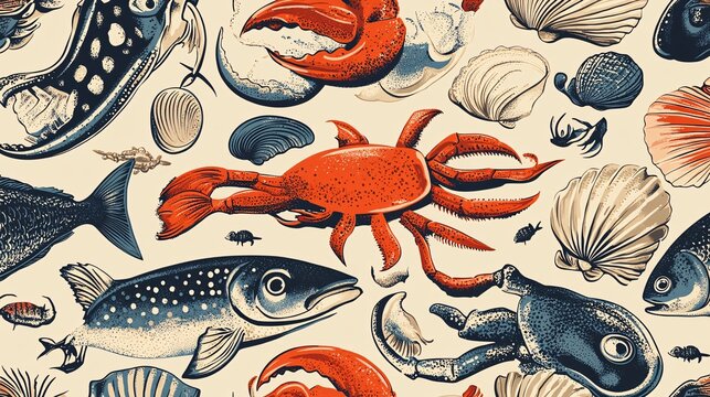 101. A seamless graphic pattern featuring a variety of seafood items such as fish, shrimp, crabs, and shells, intricately designed to create a cohesive and repetitive marine theme