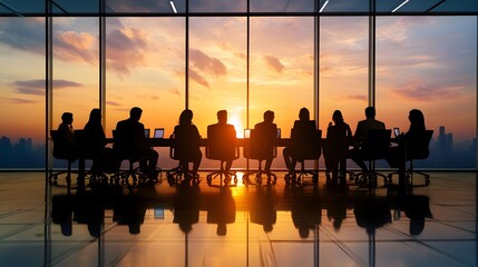 Silhouetted Business People Looking at a Sunset from a High-Rise Office