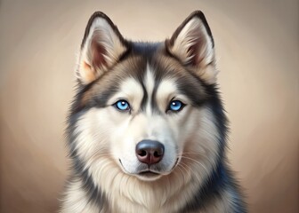 Obraz premium Adorable illustration of a Siberian Husky's face, highlighted by piercing blue eyes and a sweet, gentle expression, set