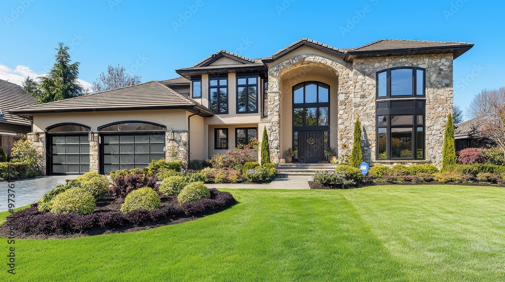 Canvas Prints luxury stone home with landscaped yard and green lawn