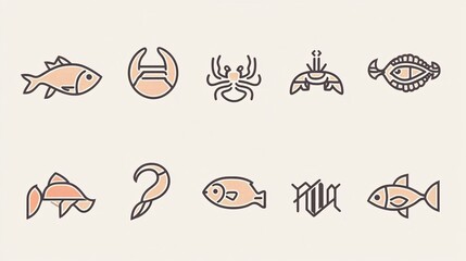 119. An assortment of line icons depicting different seafood items, such as fish, shrimp, crab, and octopus, all designed with a focus on clean lines and simplicity