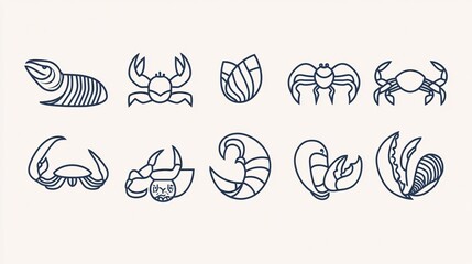 120. A variety of seafood line icons, including fish, crabs, lobsters, and shells, each illustrated with fine lines and minimalistic detail, suitable for vector-based designs