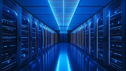Data center full of mega computers and processor machines, hallway corridor with blue lights center of information and internet connection setting