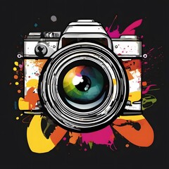 Creative illustration of a camera surrounded by colorful paint splashes in a vibrant artistic design