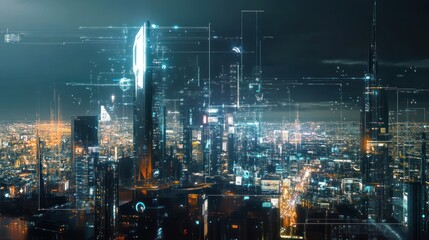 Futuristic Cityscape at Night with Digital Overlays