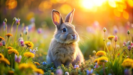 Adorable Netherland Dwarf rabbit with floppy ears and soft fur, sitting on a colorful meadow, surrounded by blooming