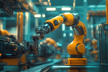 Advanced robotic arm in a modern factory setting, showcasing automation and industrial technology.