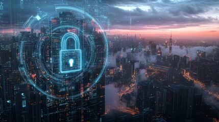 Obraz premium Lock icon hologram projected over a city at dusk, with illuminated skyscrapers and a high-tech vibe, emphasizing modern security technology and digital advancements