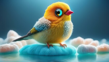 A toy bird with blue eyes and a red beak