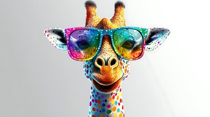 Cartoon colorful giraffe head with cool unique sunglasses on white background. AI Generated illustration